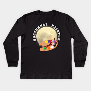 Nocturnal Painter. Moon and Artist Paint Palette with Brushes. Kids Long Sleeve T-Shirt